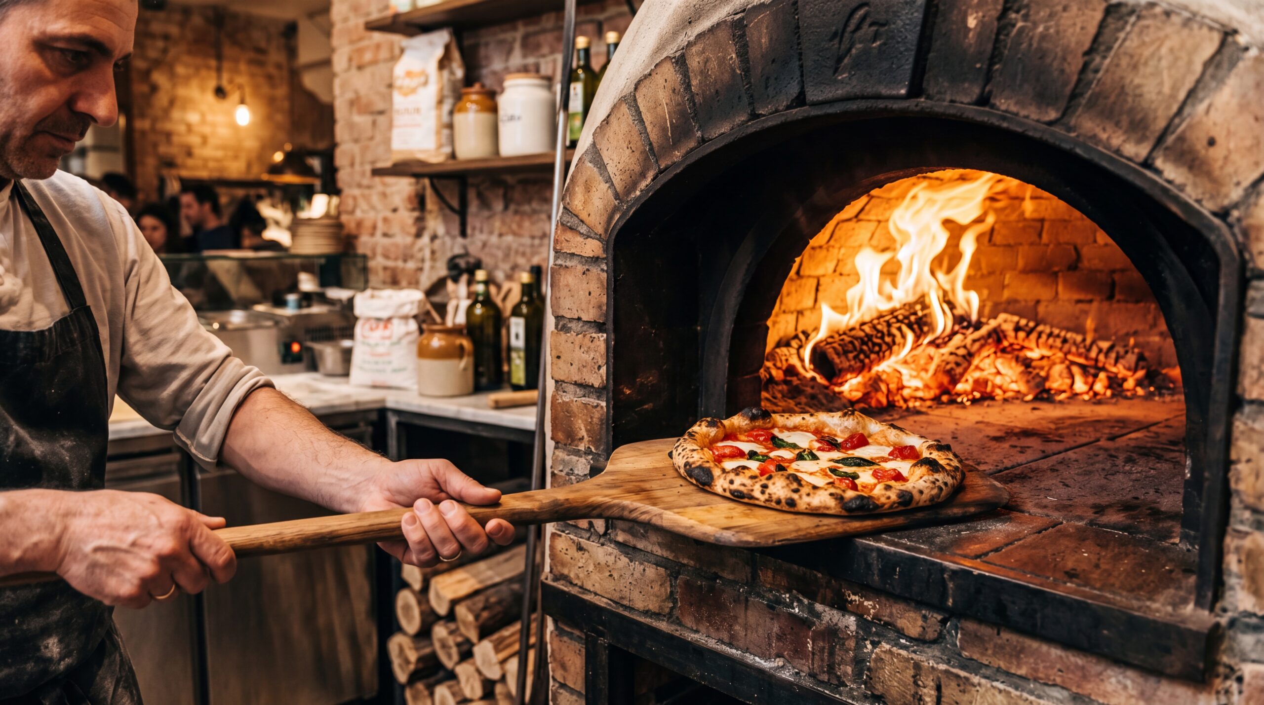 Traditional wood-fired pizza oven with flames