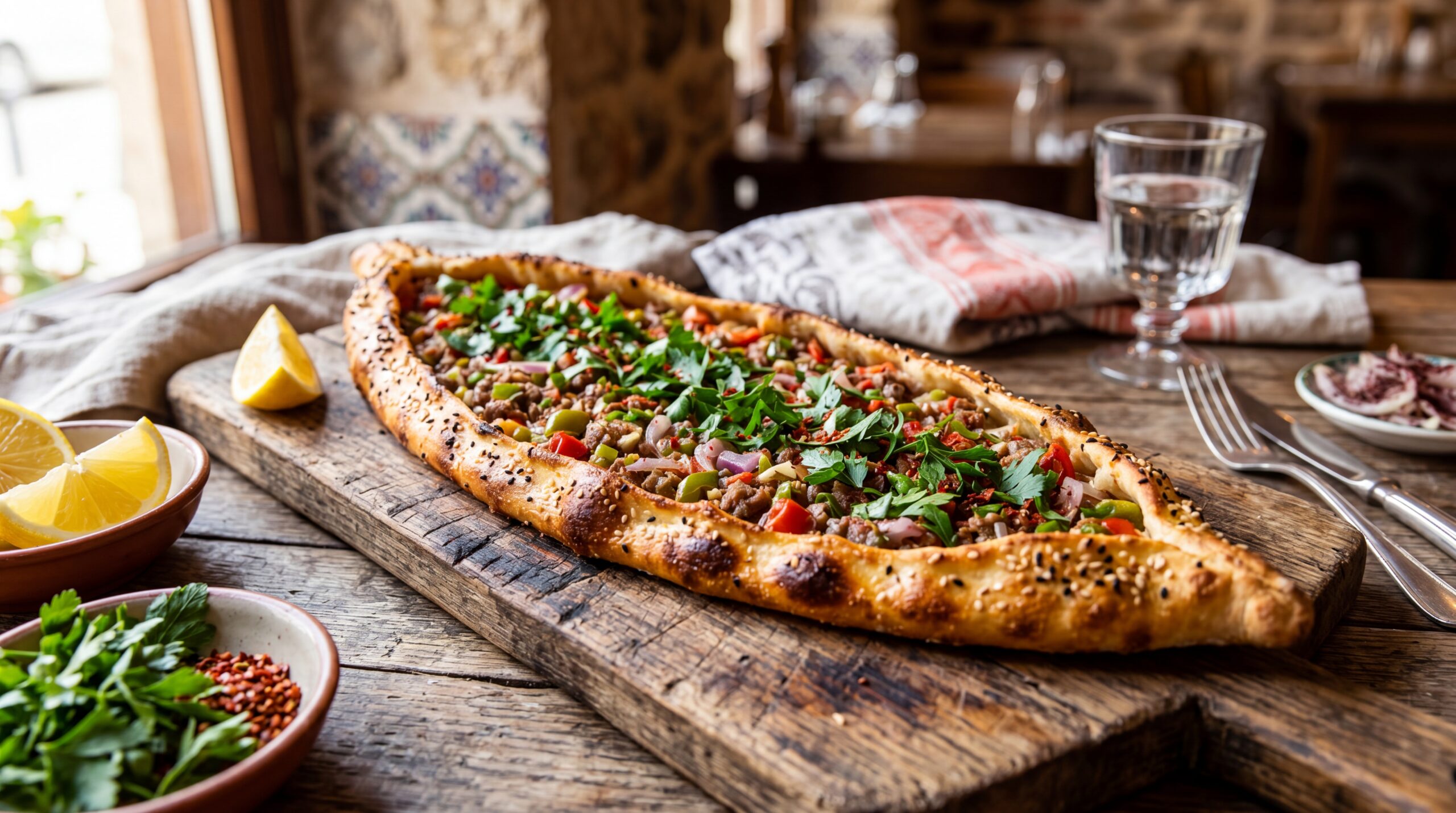 Turkish Pide with spiced meat and vegetables