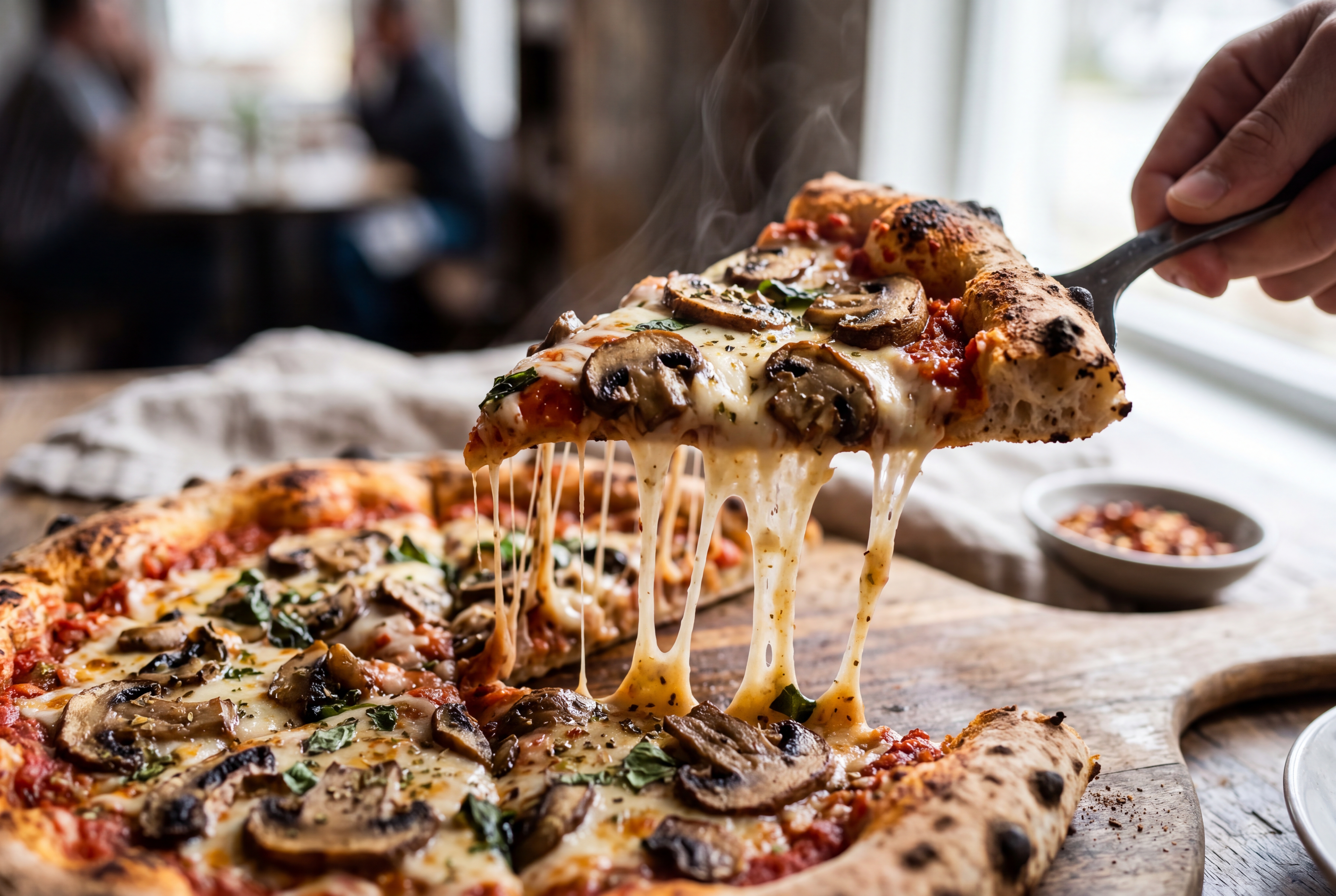 Melted vegan cheese on a pizza slice