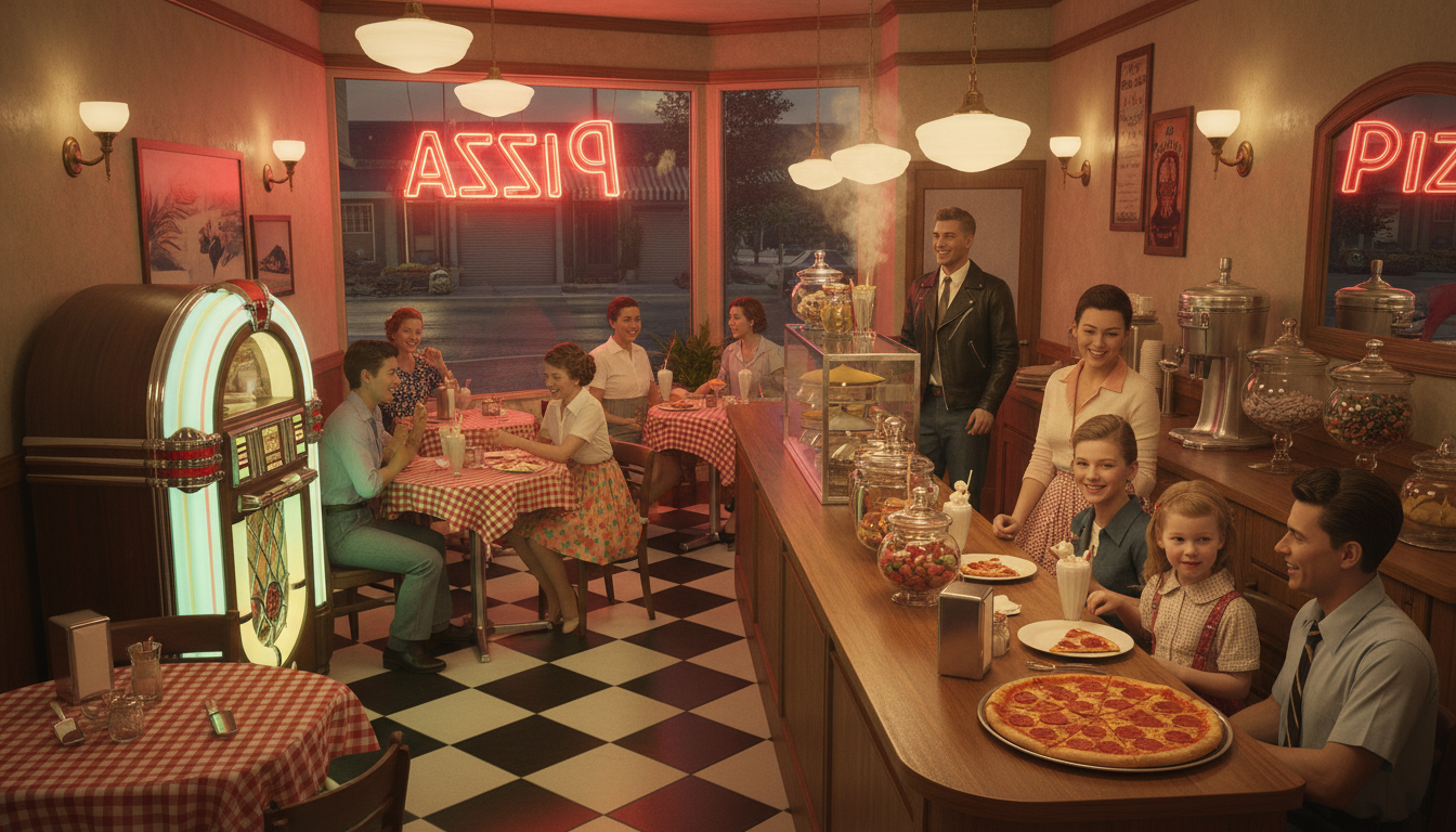 A vintage 1950s pizza parlor with checkered tablecloths and neon signs.