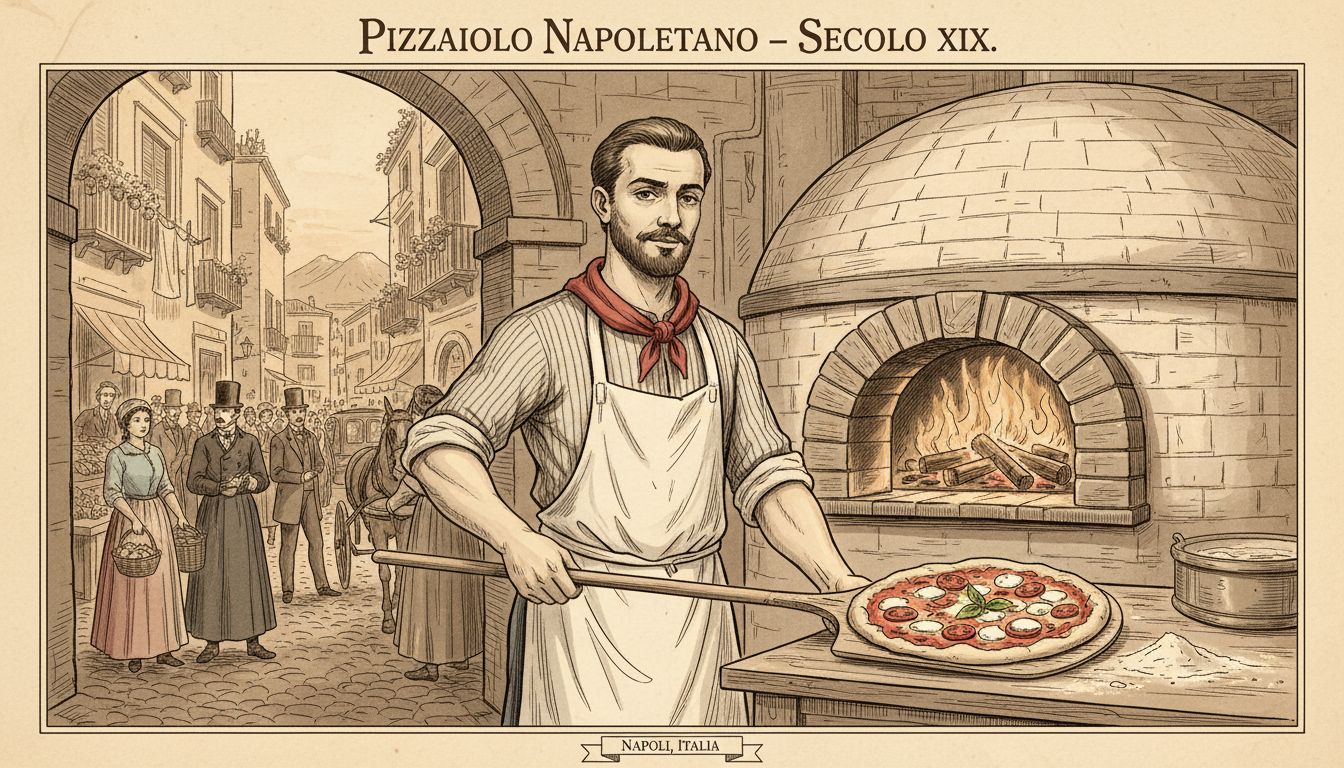 A vintage illustration of a 19th-century Neapolitan pizzaiolo.
