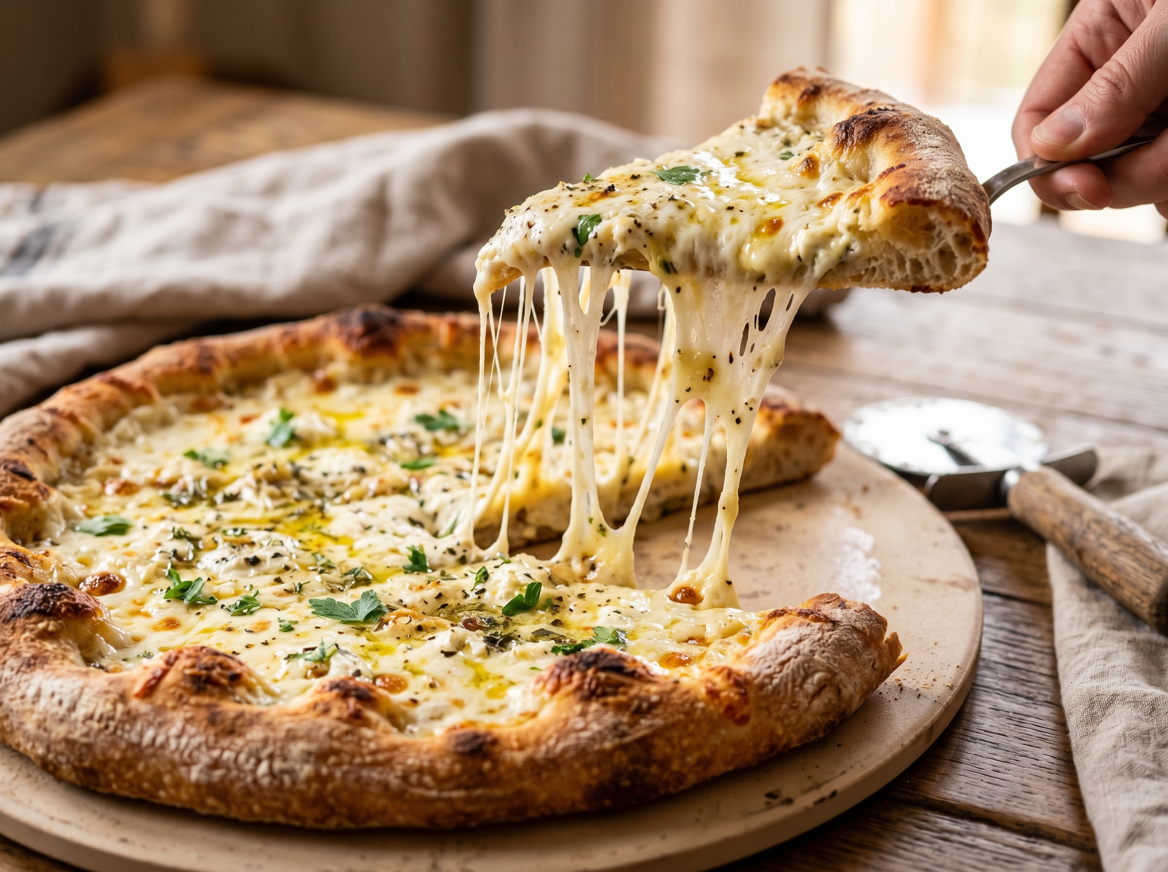 A slice of white pizza being pulled