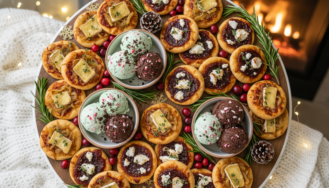 Festive winter pizza and ice cream dessert board