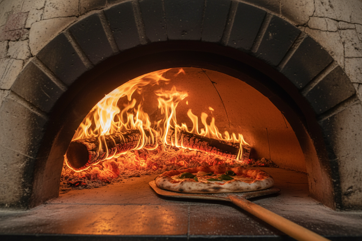 Pizza in a wood-fired oven