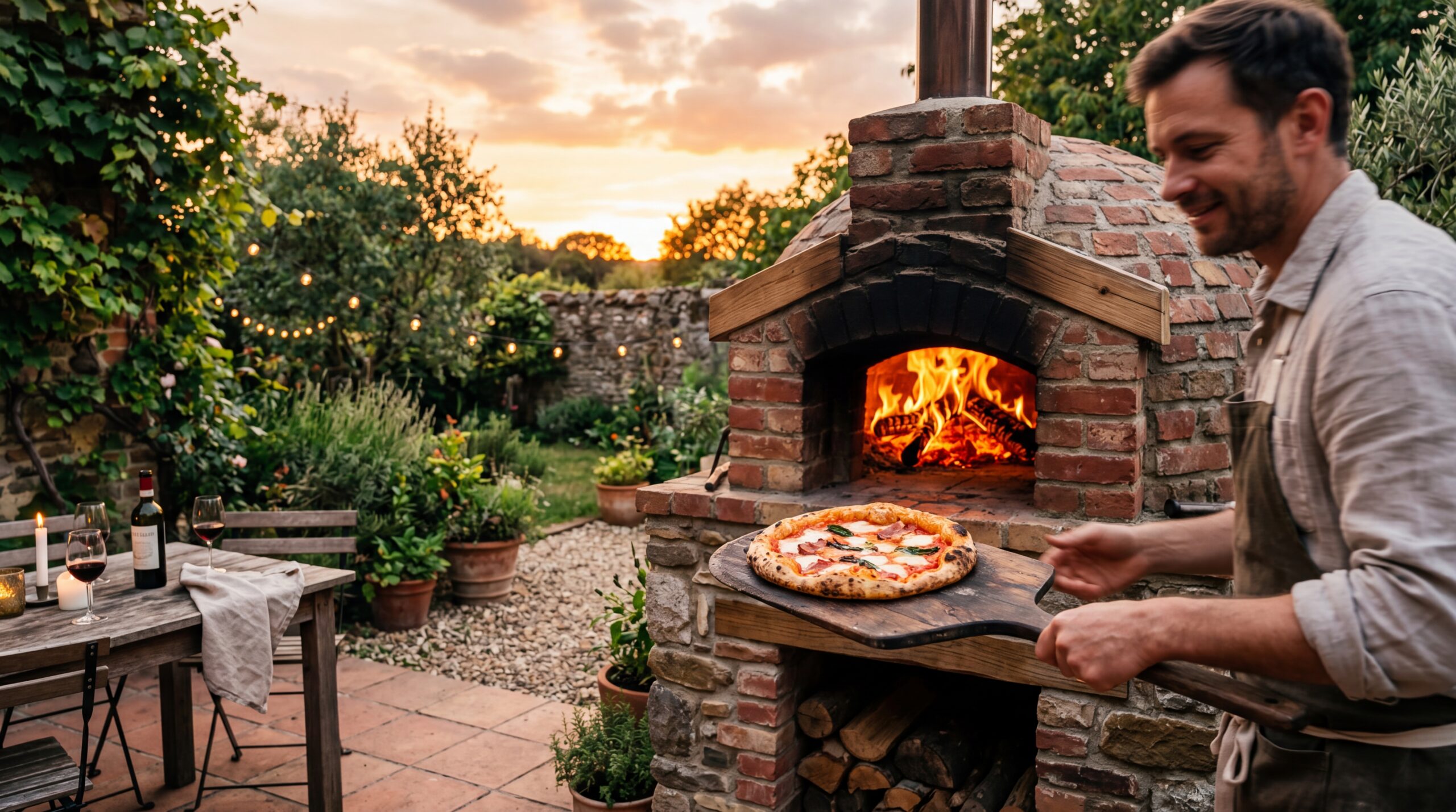 A rustic wood-fired pizza oven with a glowing fire