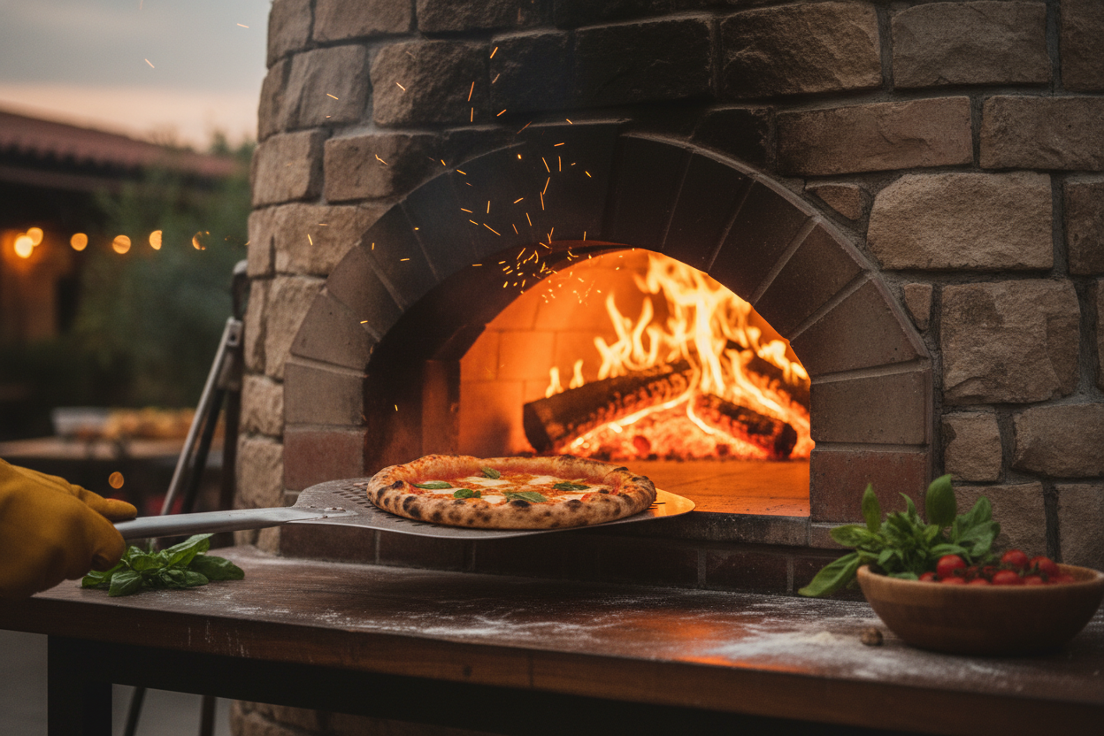 Pizza in a wood-fired oven