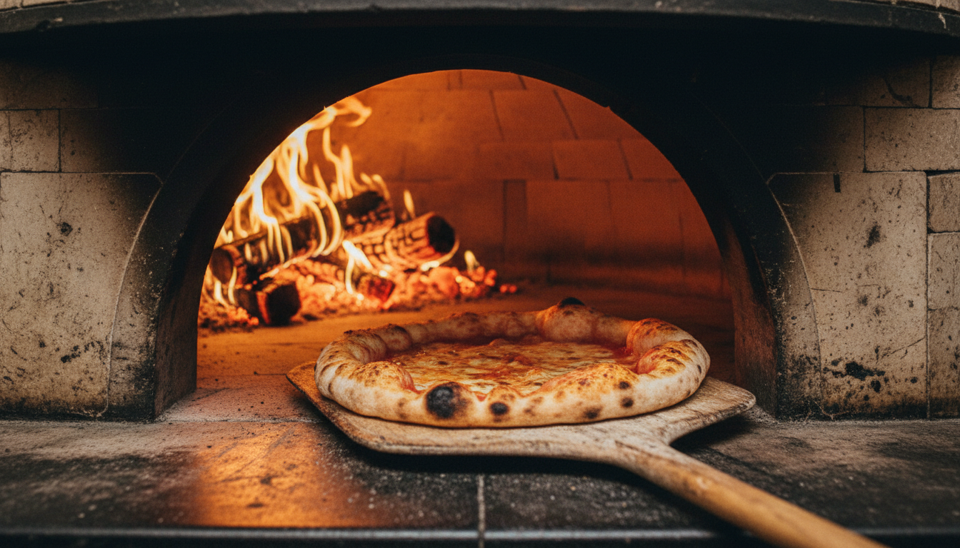 Traditional Neapolitan wood-fired stone oven with pizza cooking inside