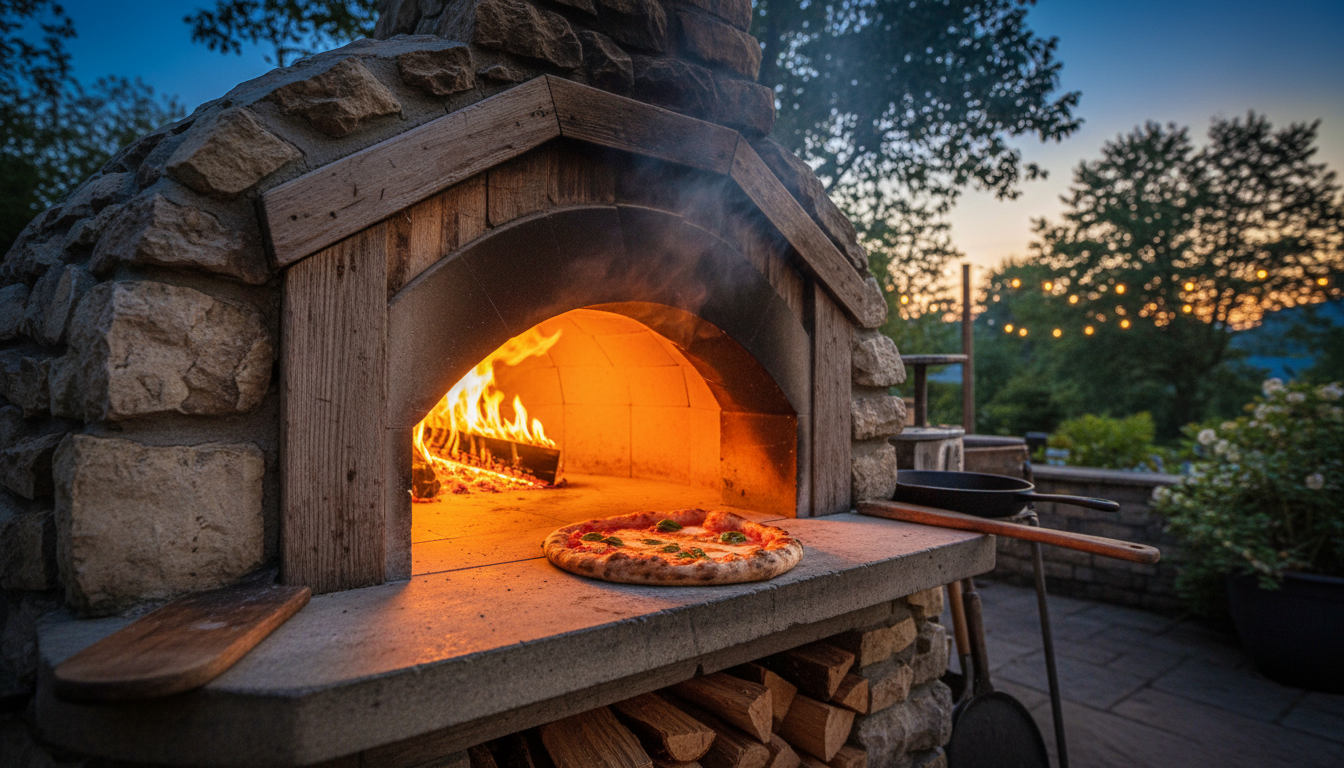 A rustic outdoor wood-fired pizza oven with a glowing fire.