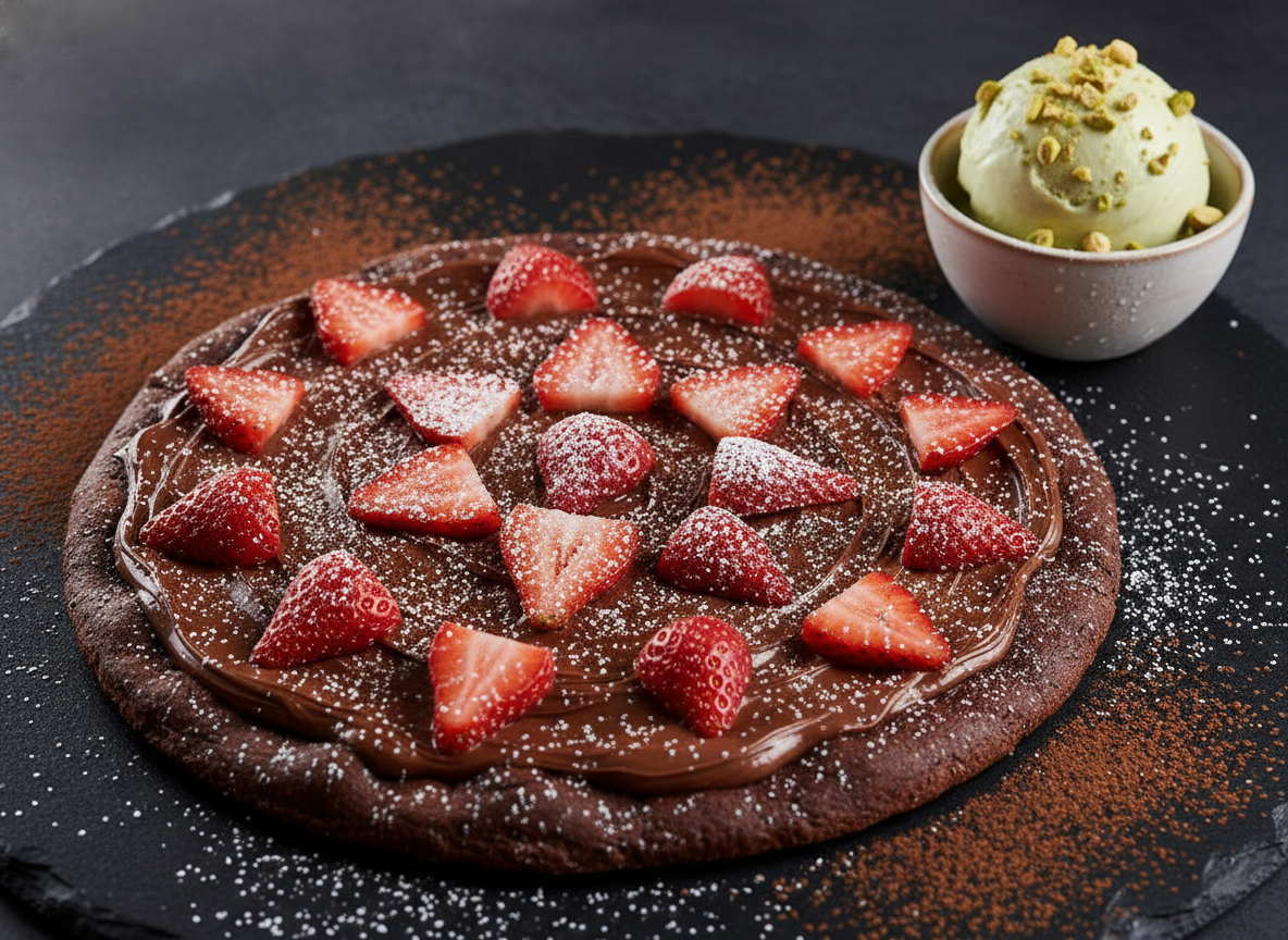 Chocolate dessert pizza with pistachio gelato