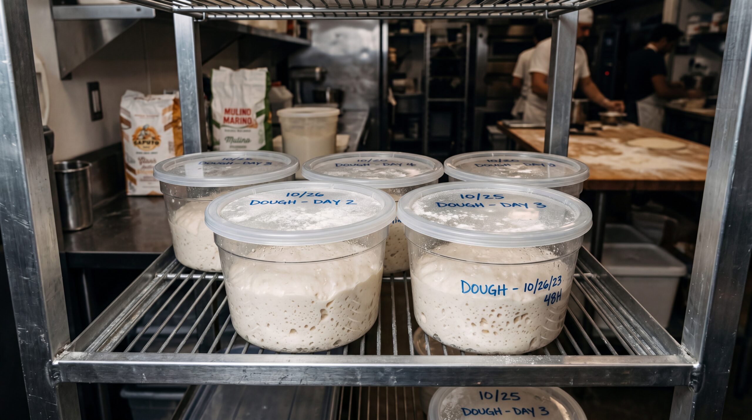Cold fermented pizza dough resting in covered containers