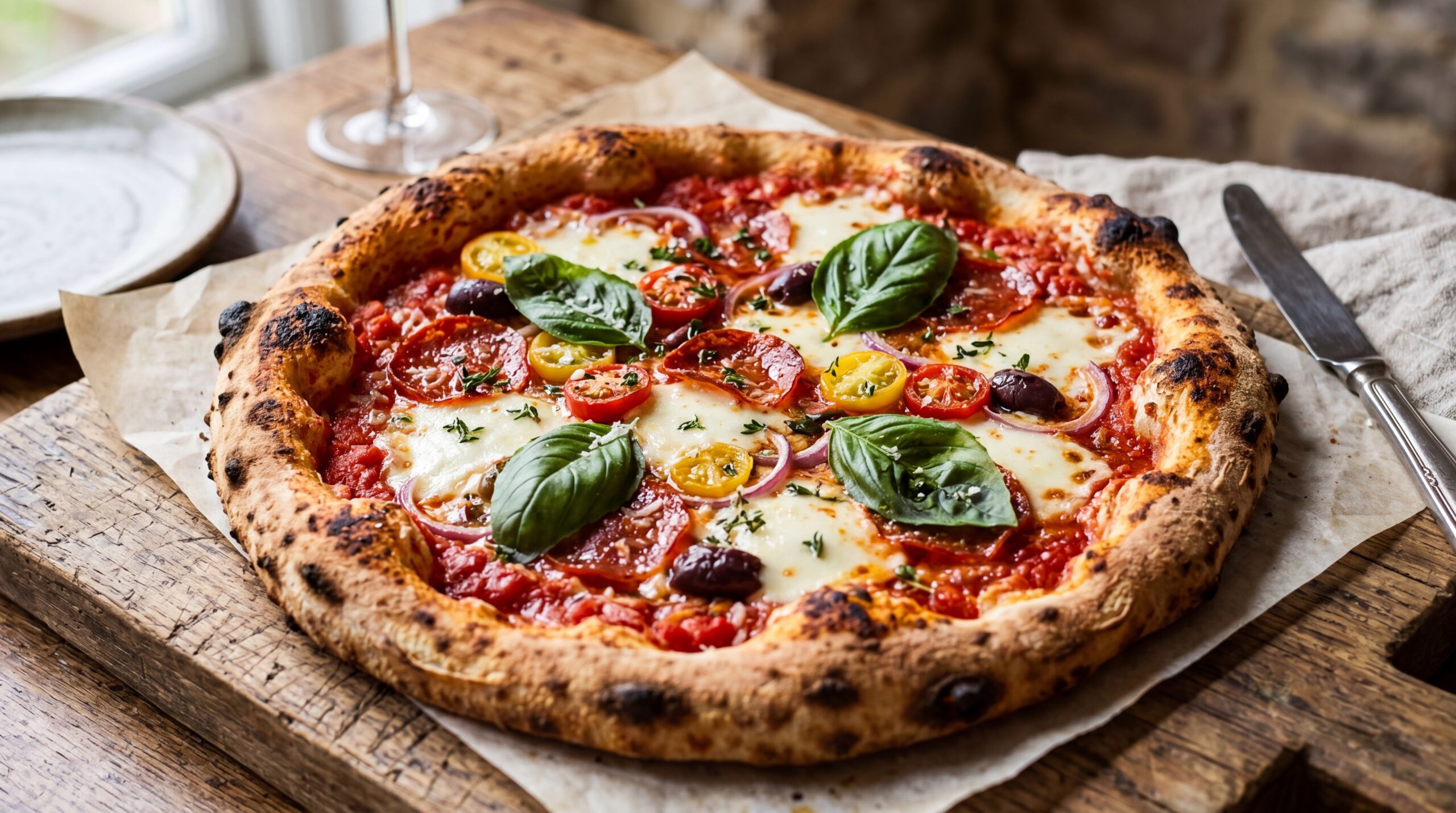 Balanced pizza toppings with fresh mozzarella sauce and basil