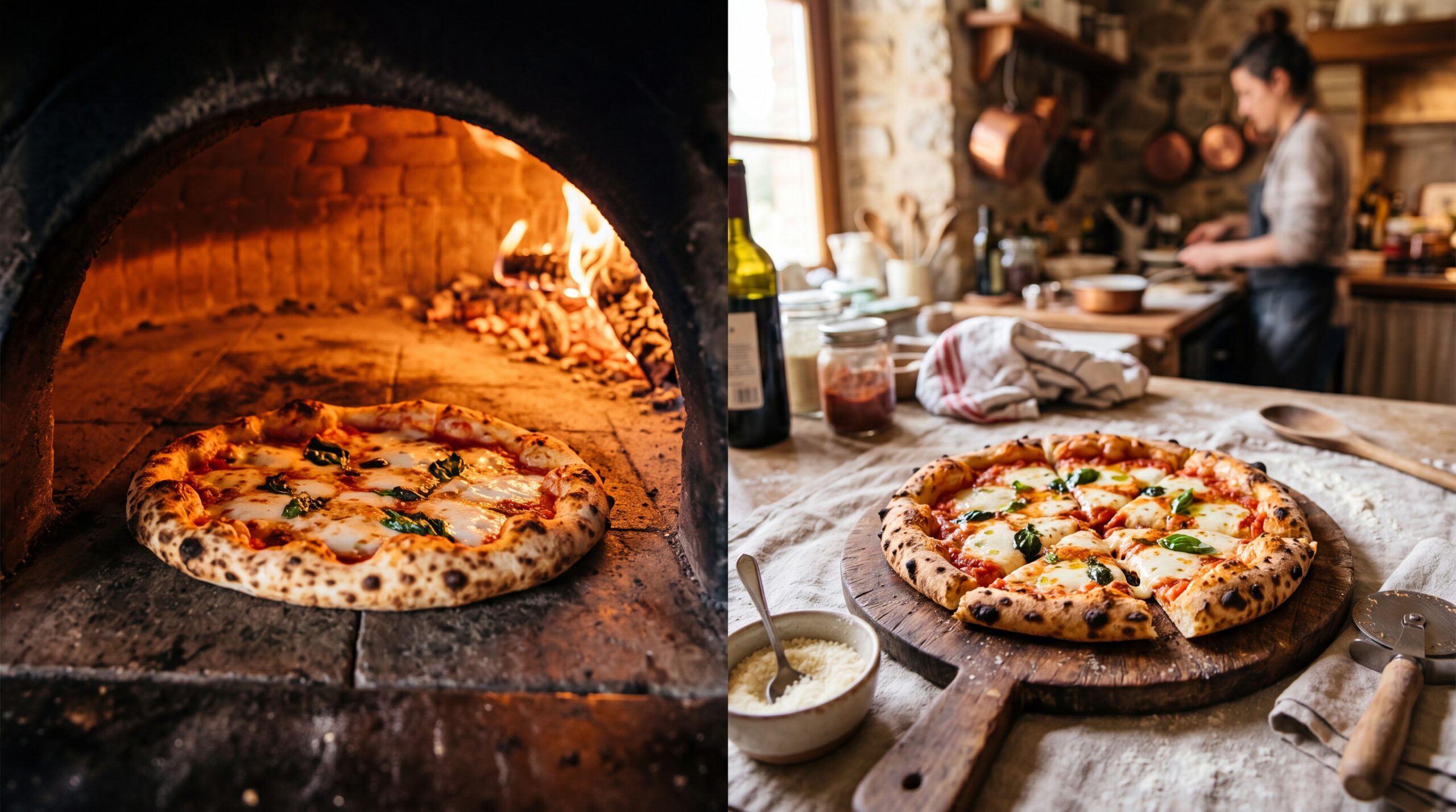 Homemade pizza baking in oven and served fresh