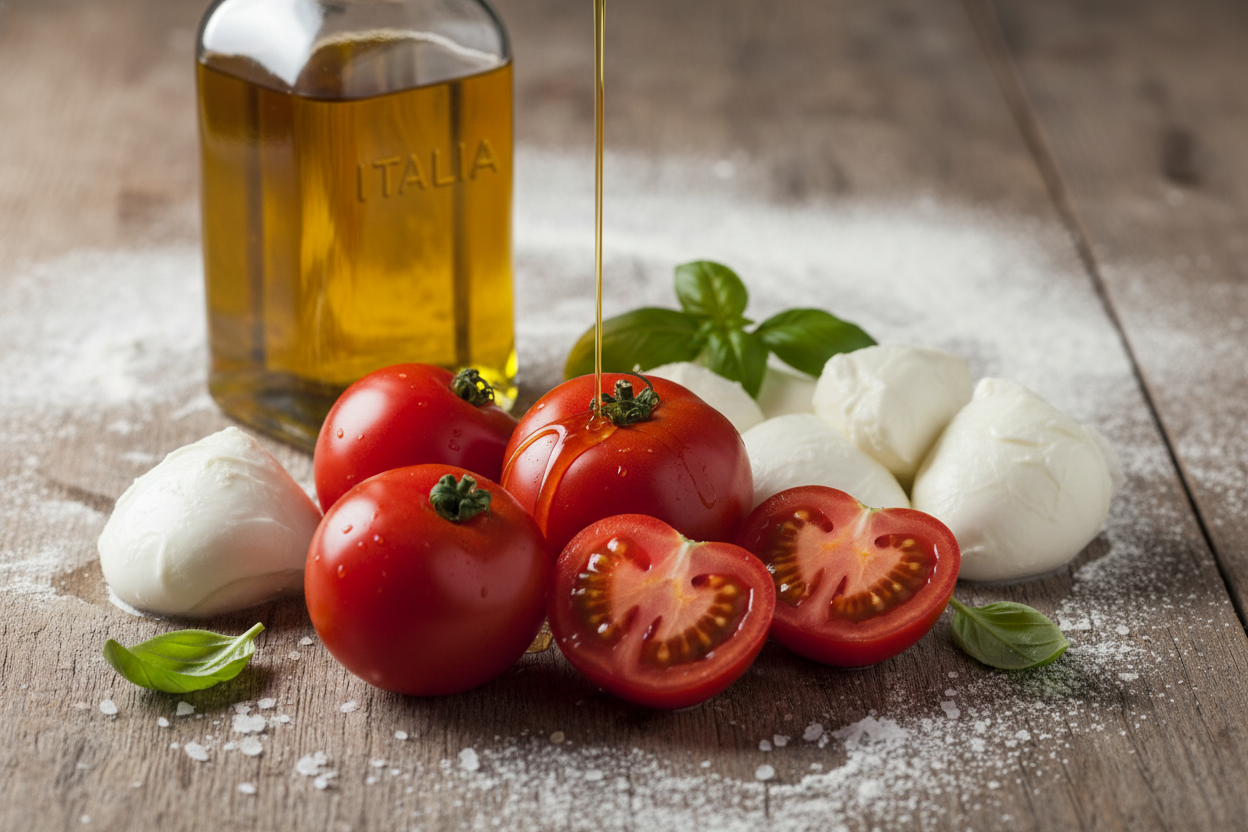 Fresh pizza ingredients on a rustic table