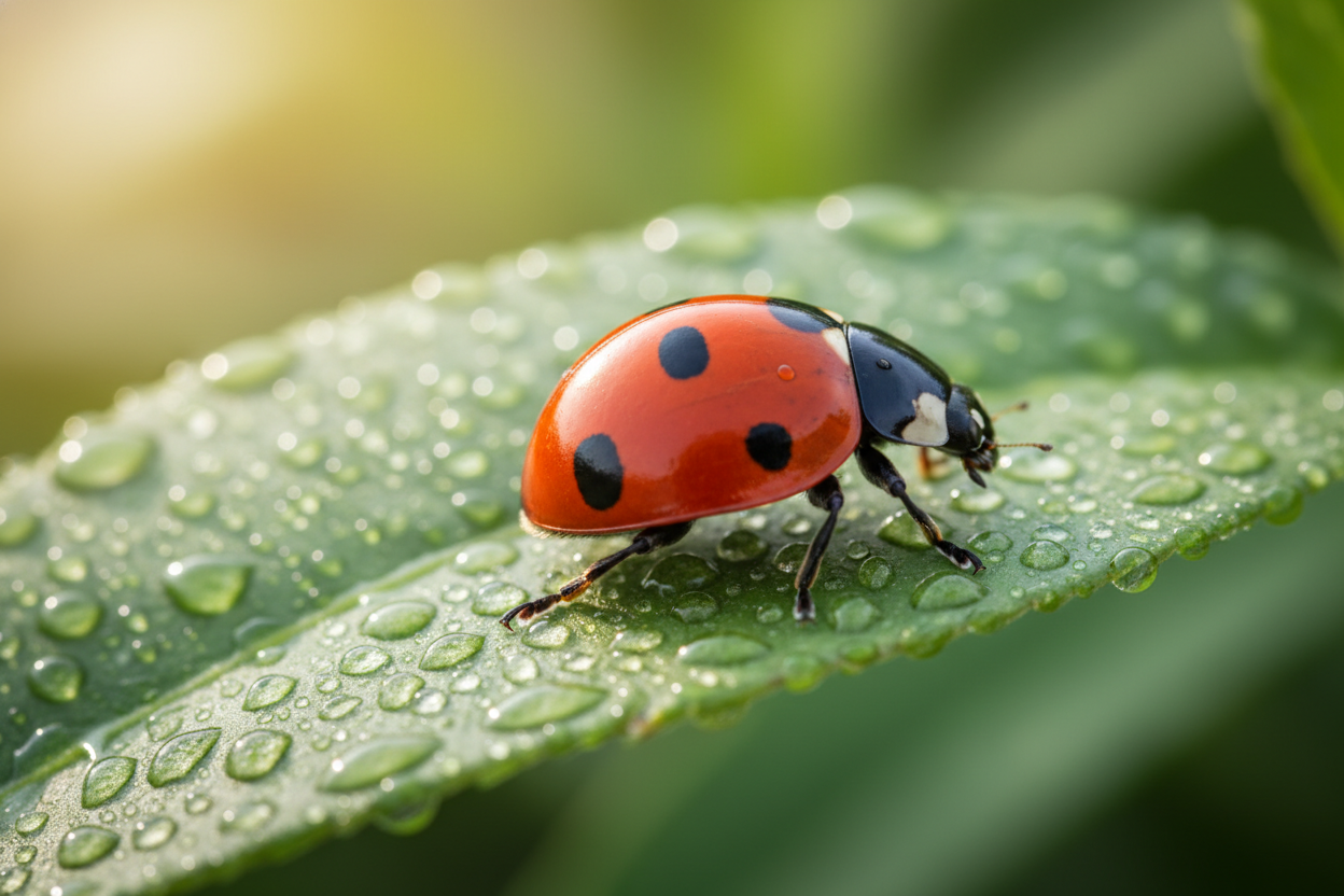 A red ladybug on a green leaf with dew drops