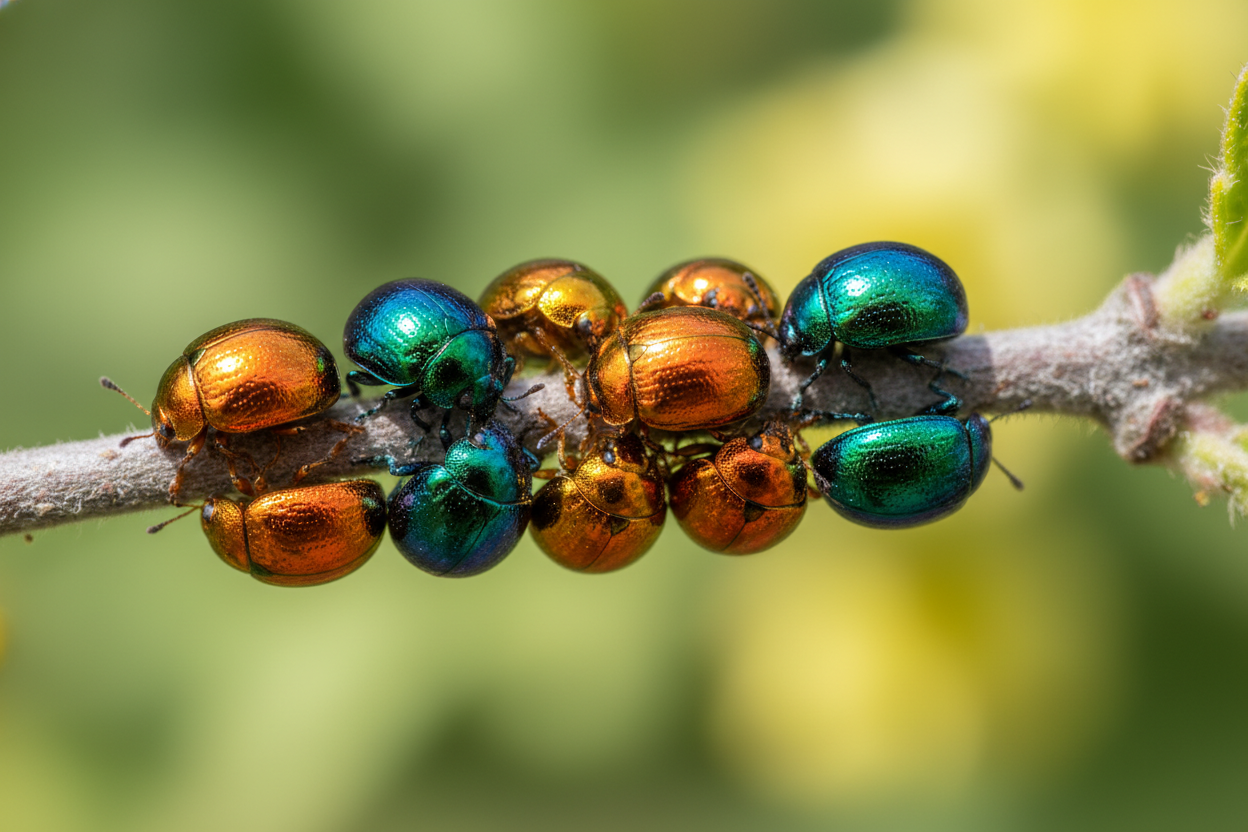 A group of colorful metallic leaf beetles on a twig