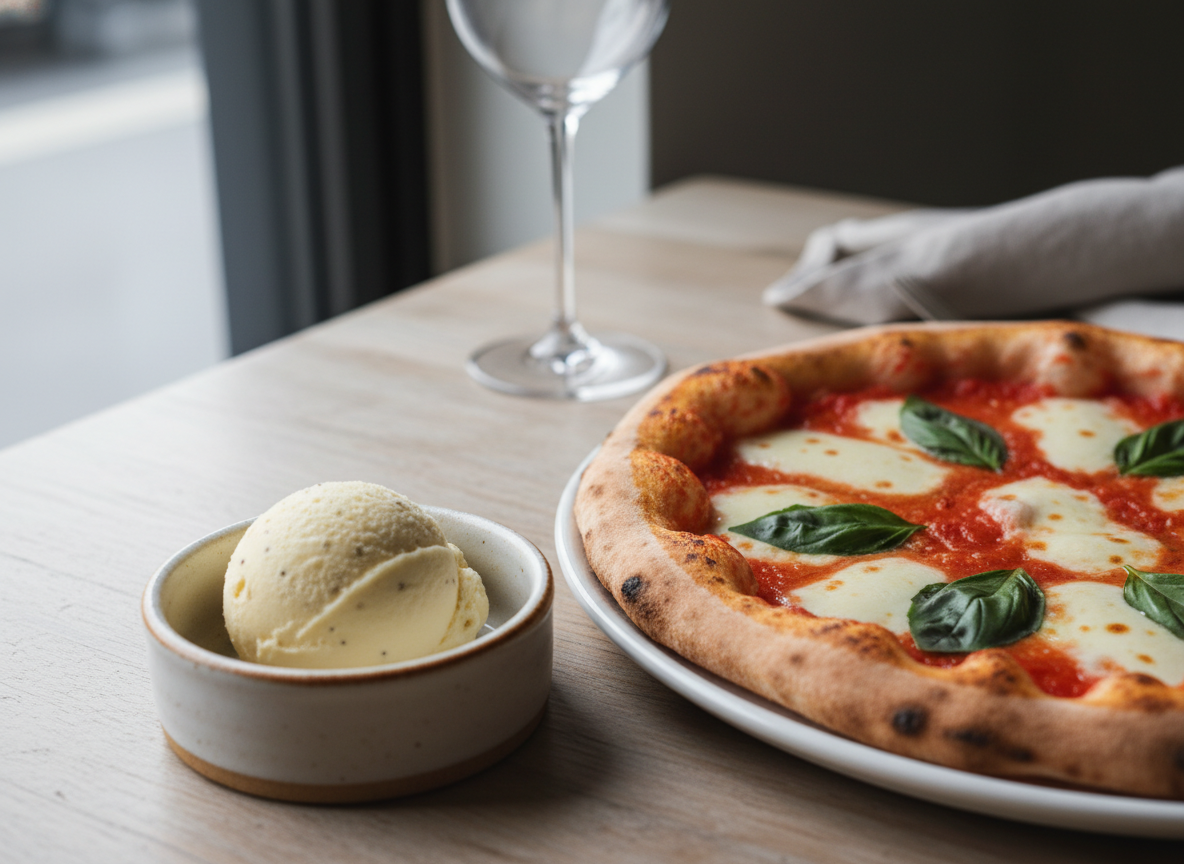 Classic Margherita pizza with vanilla bean gelato