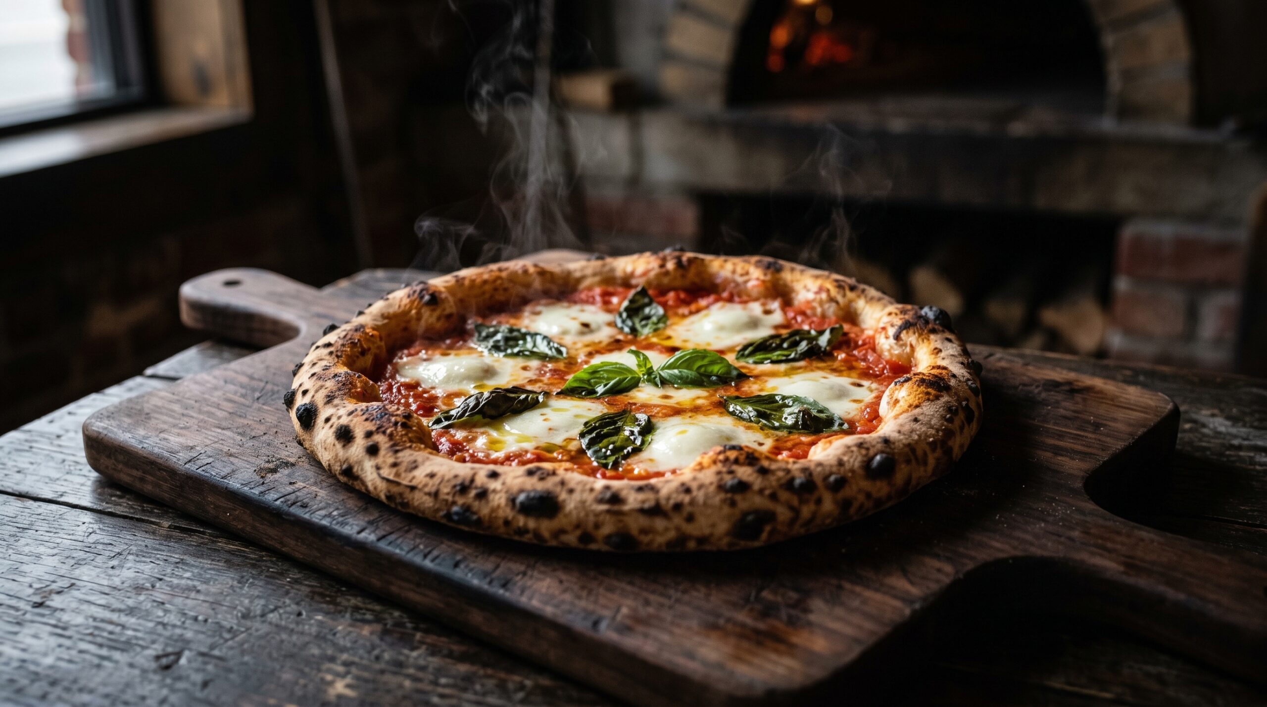 Freshly baked Neapolitan-style pizza with charred crust, mozzarella and basil on a dark wooden board