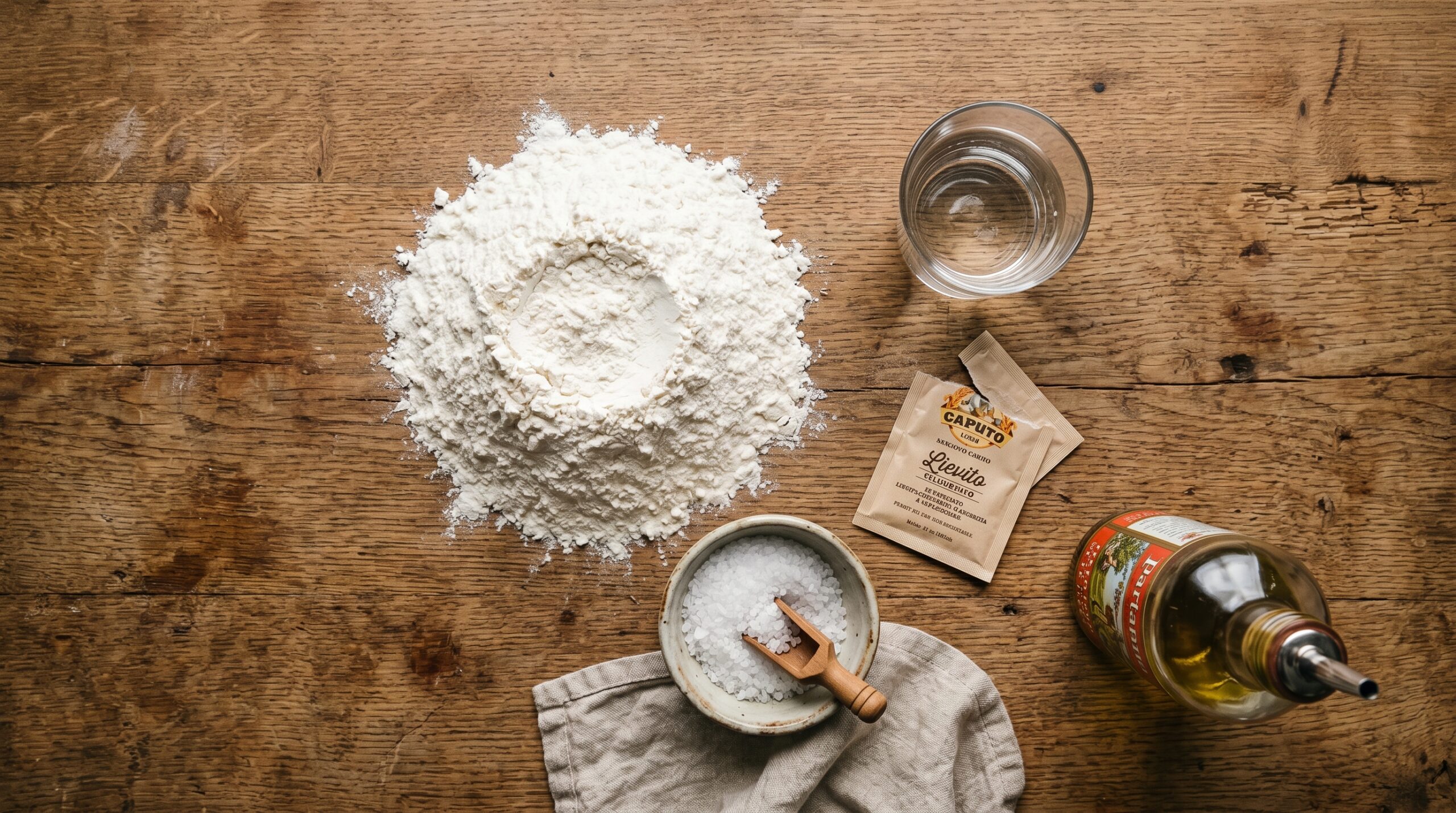 Flat lay of pizza dough ingredients: flour, yeast, salt, water, and olive oil on a wooden surface