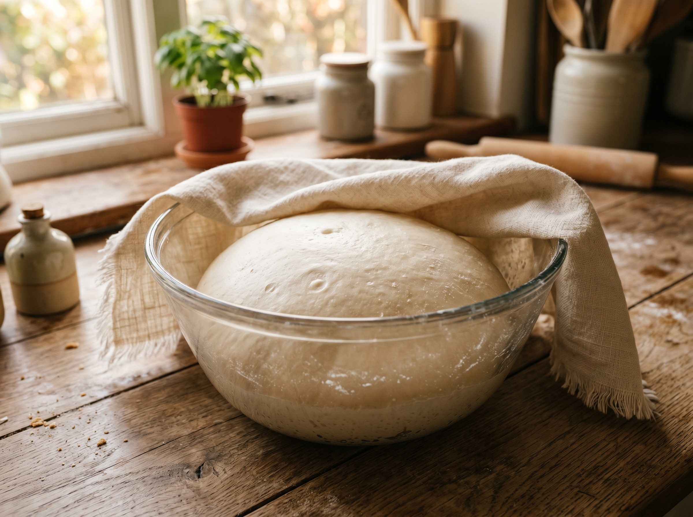 Smooth pizza dough ball doubled in size inside a glass bowl, covered with linen cloth