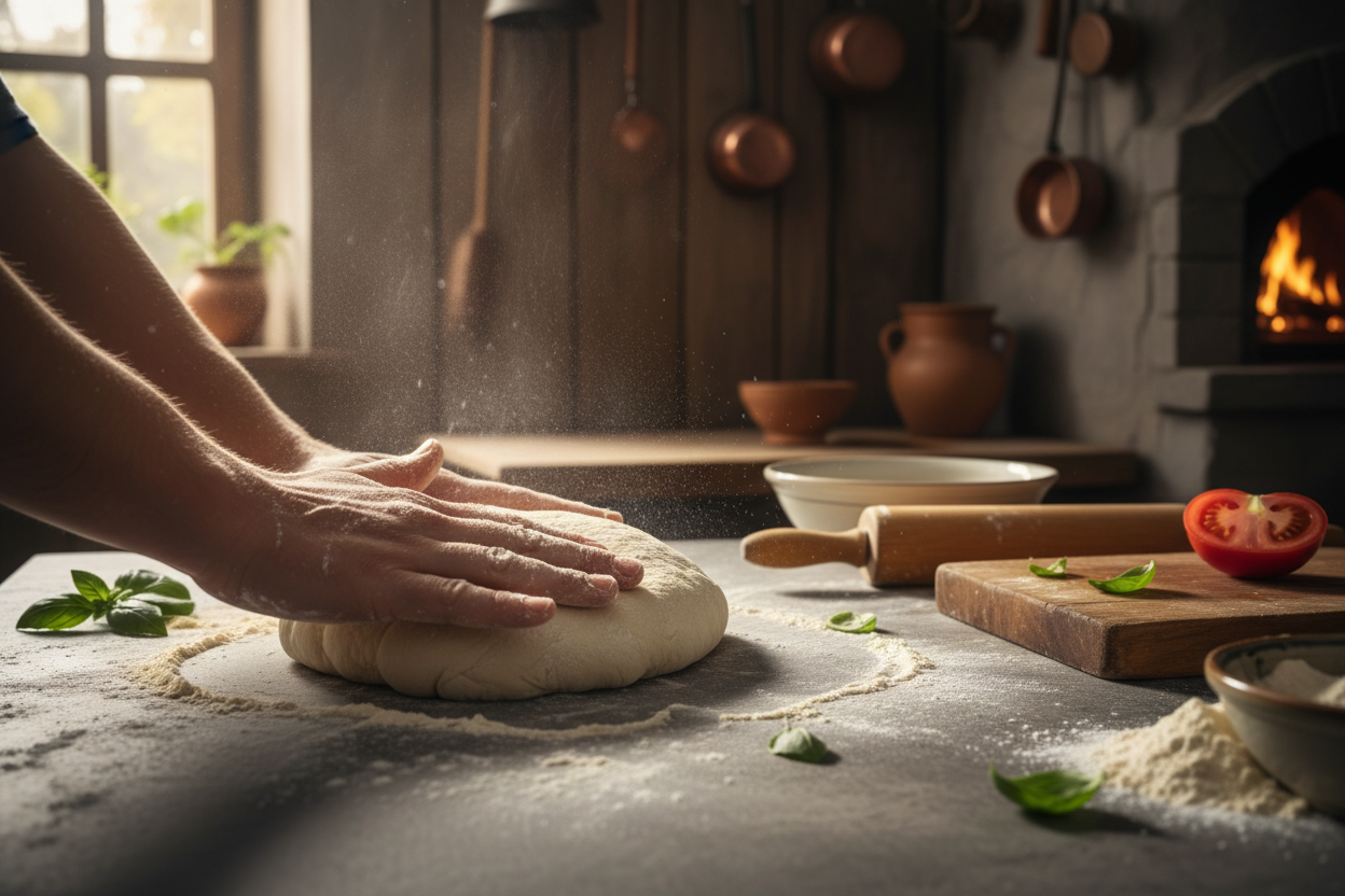 Hands kneading fresh pizza dough on a floured surface