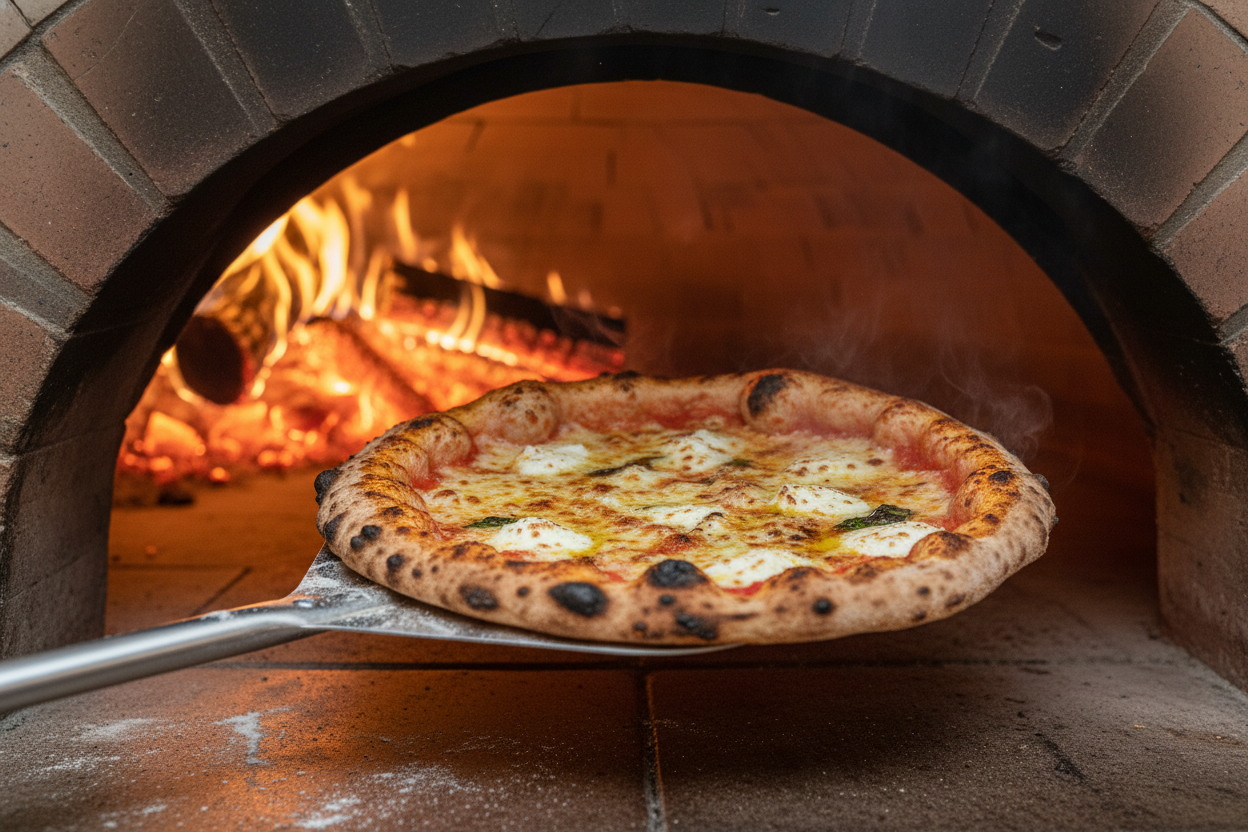 A fresh pizza being baked in a wood-fired brick oven