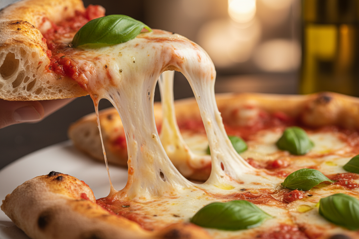 A close-up of a pizza slice with melted cheese and fresh basil
