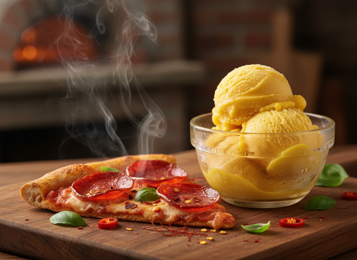 Spicy pepperoni pizza paired with refreshing mango sorbet