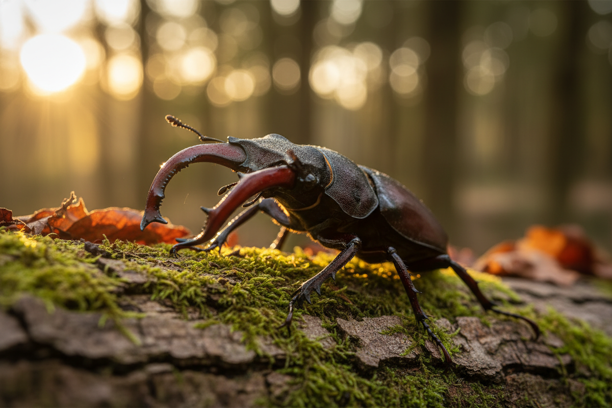 A powerful Stag Beetle with large mandibles on mossy bark