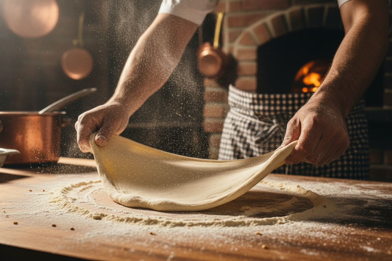 Hands stretching pizza dough