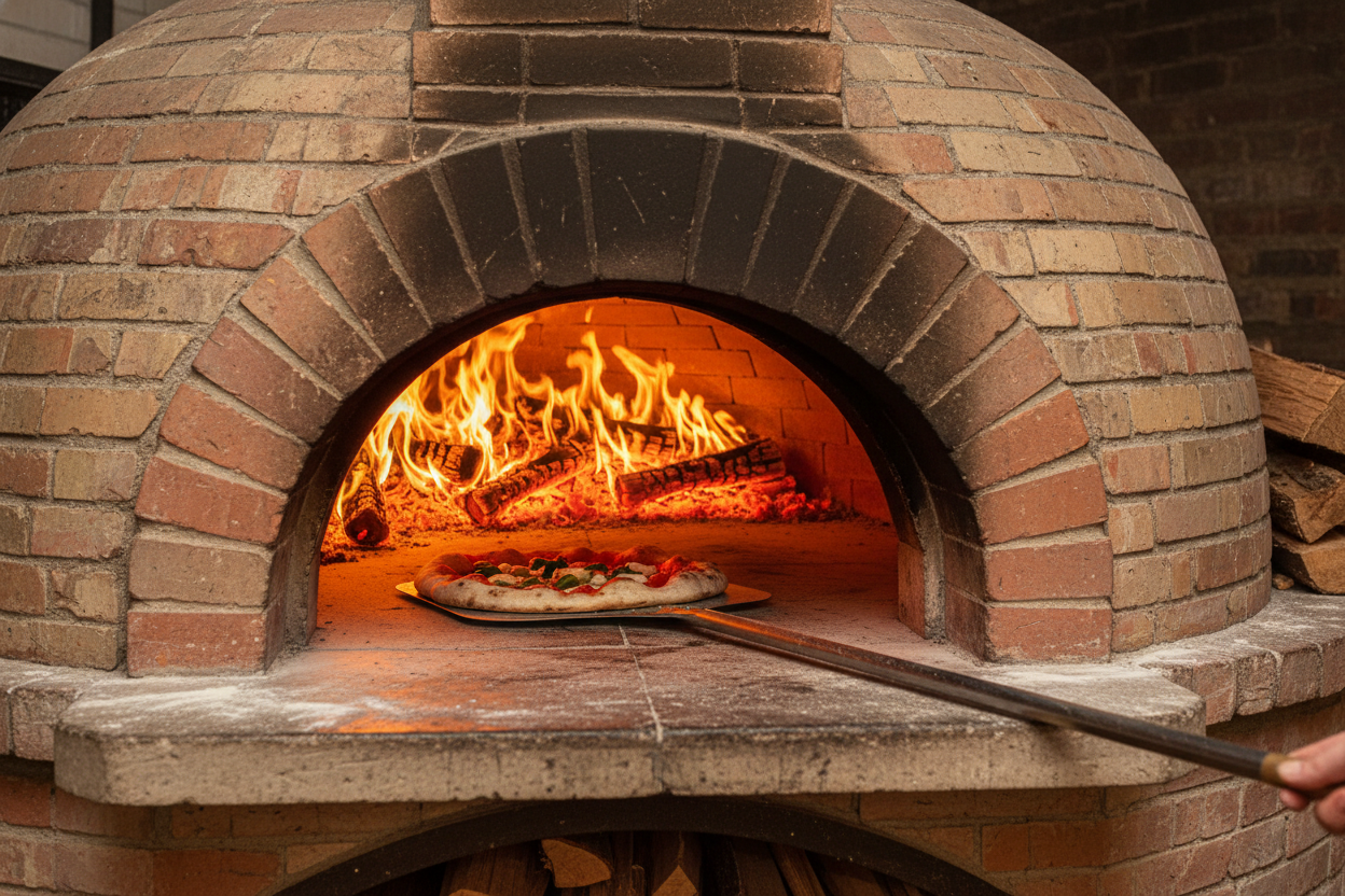 A pizza entering a wood-fired oven