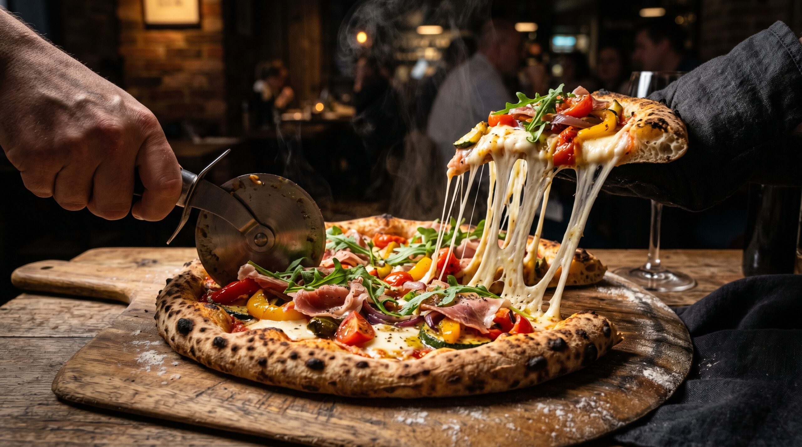 Dramatic cheese pull from a freshly baked artisan pizza with colorful toppings