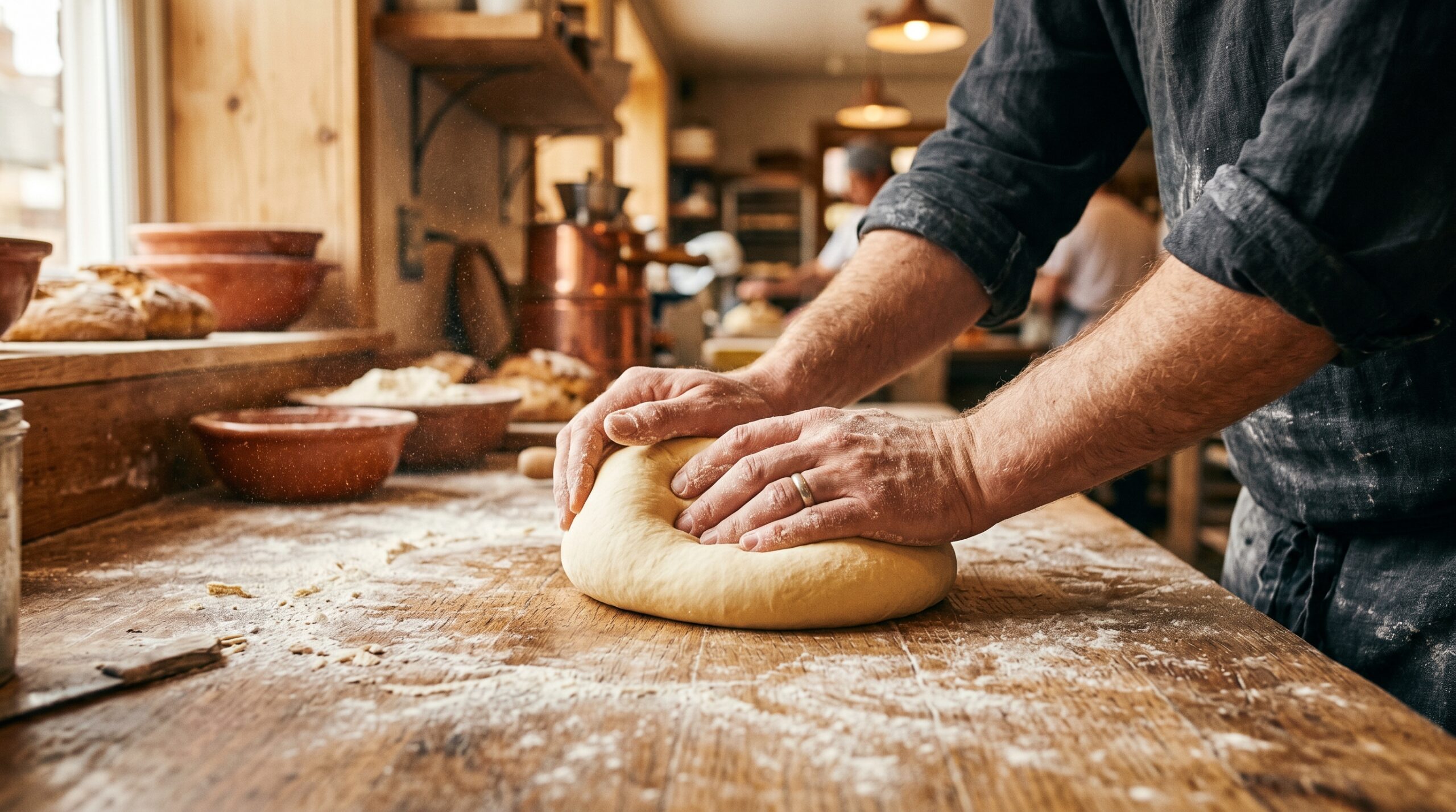 Close-up of hands kneading smooth pizza dough on a floured wooden surface