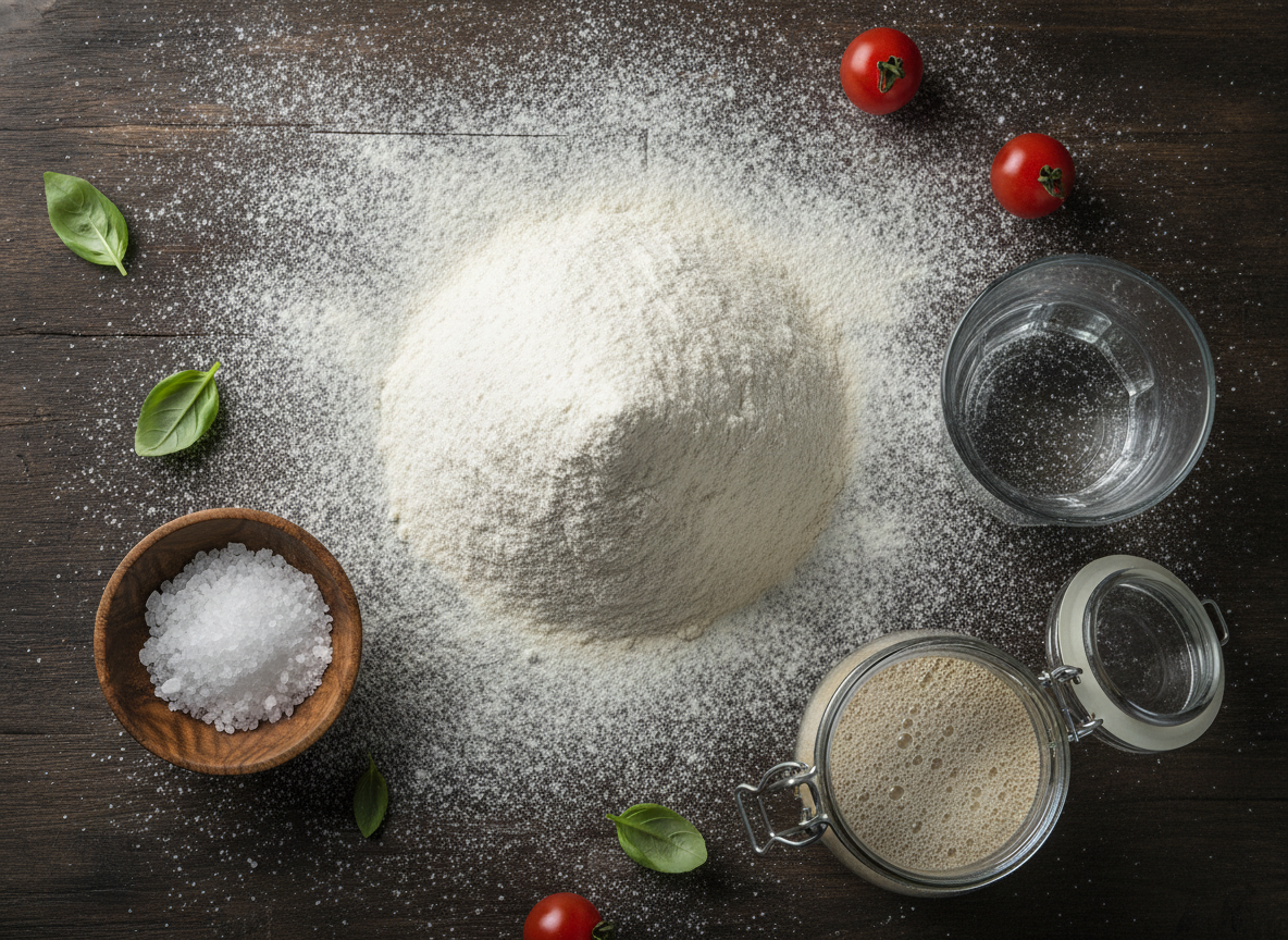 Rustic flat-lay of 00 flour, sea salt, water, and yeast on a wooden table