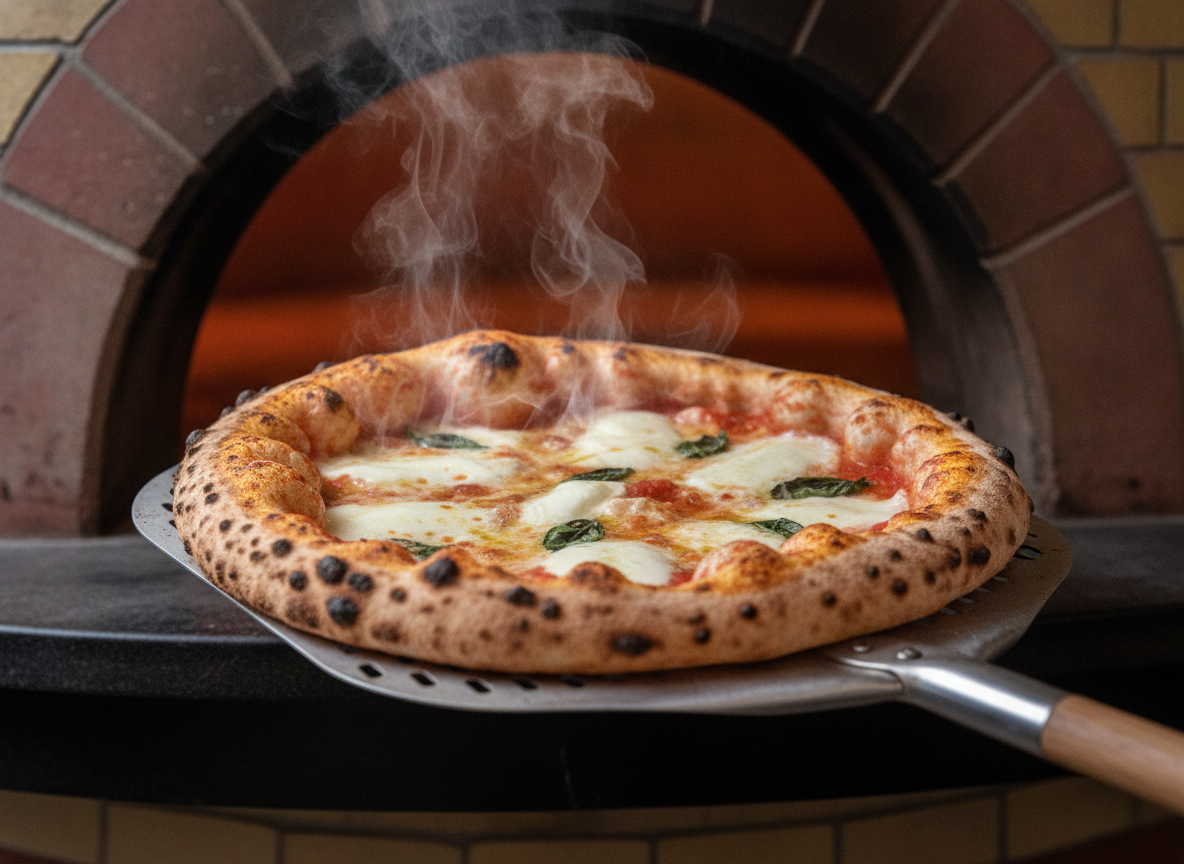 Artisan pizza being pulled from a brick oven with a metal peel
