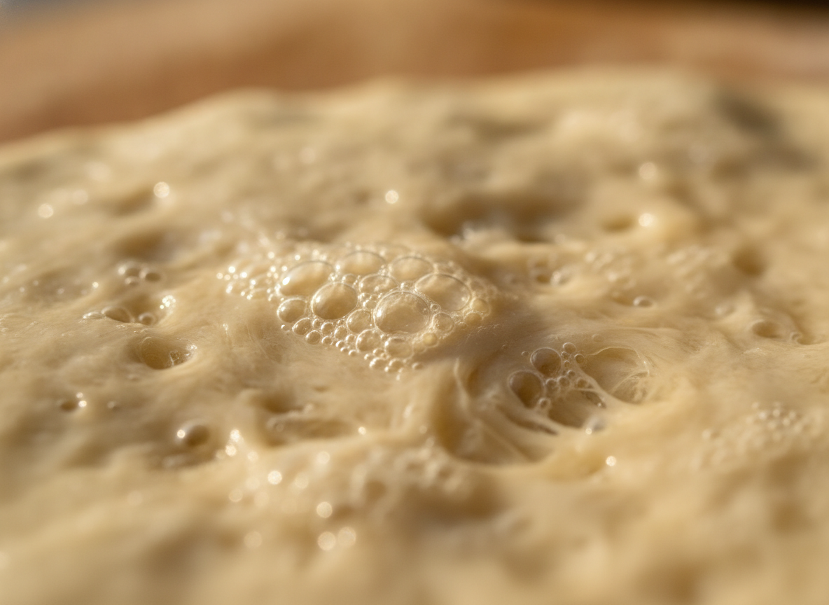 Macro shot of active yeast bubbles in fermenting pizza dough