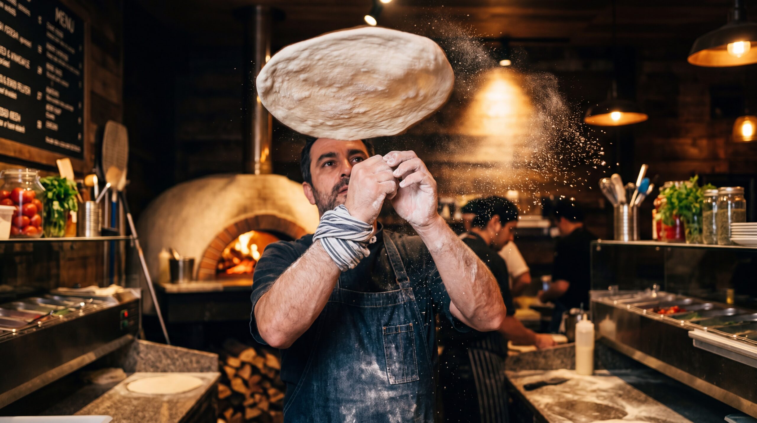 Chef tossing pizza dough