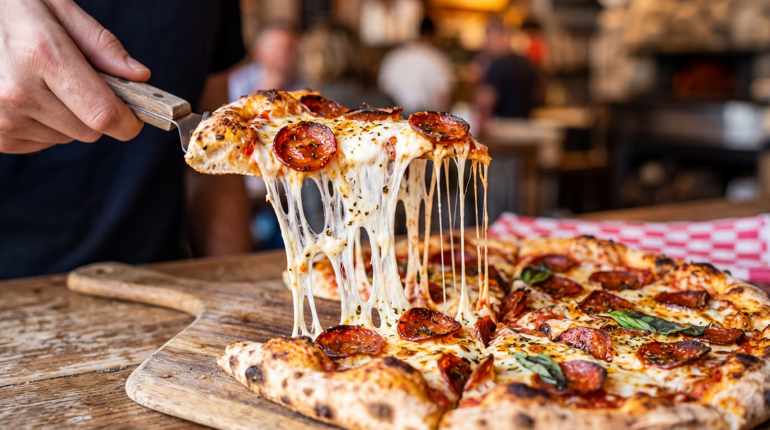 Mouth-watering pizza cheese pull