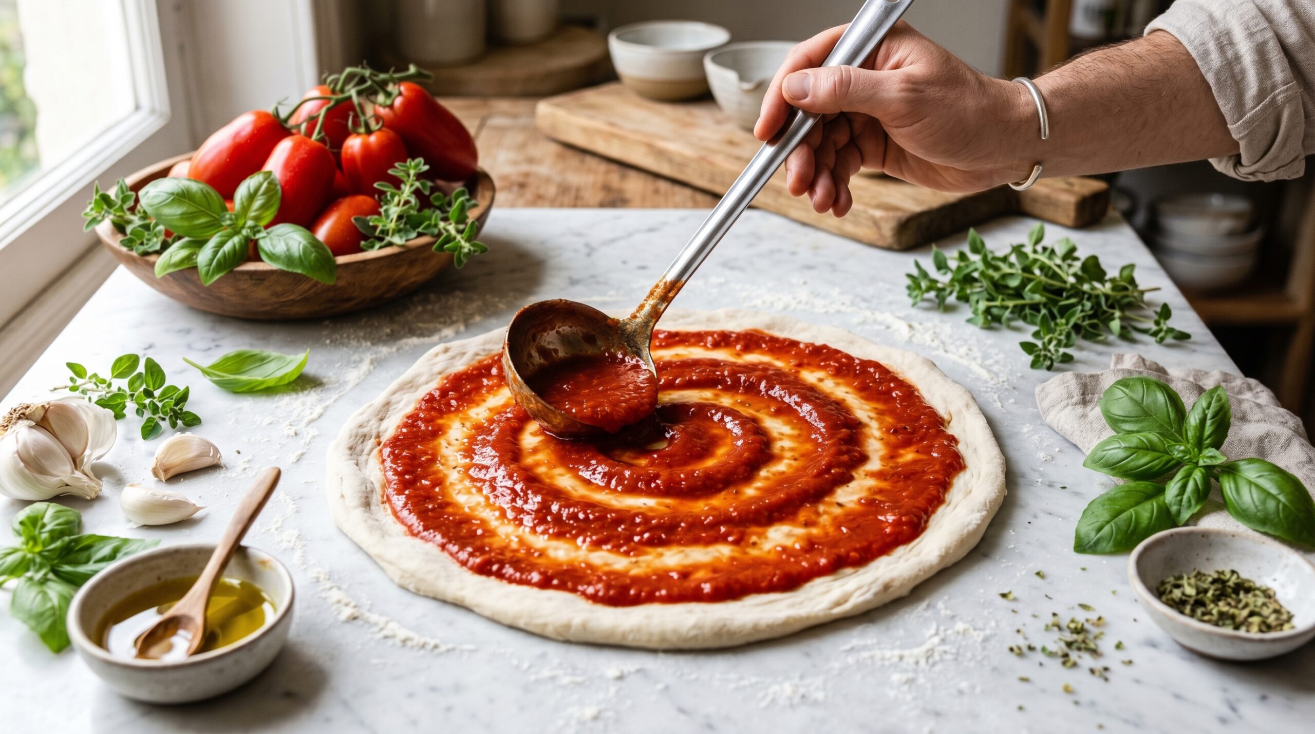 San Marzano tomato sauce being spread on pizza dough with fresh ingredients around