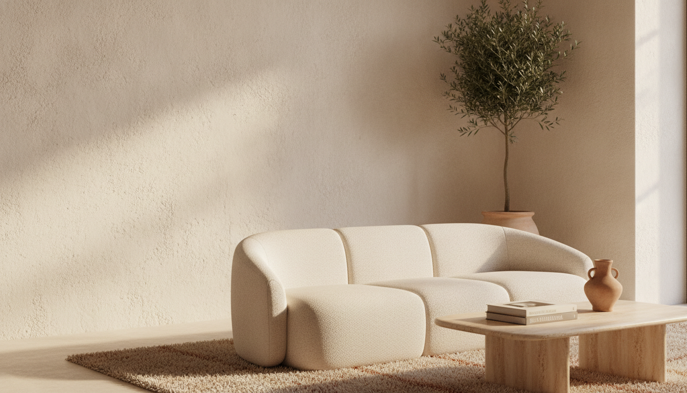 Sunlit contemporary living room with natural materials